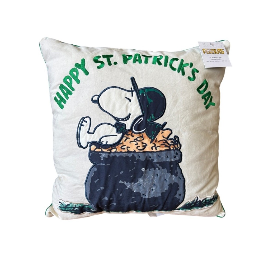Peanuts St. Patrick's Day Snoopy & Woodstock Clover Throw Pillow Accent 18in NEW